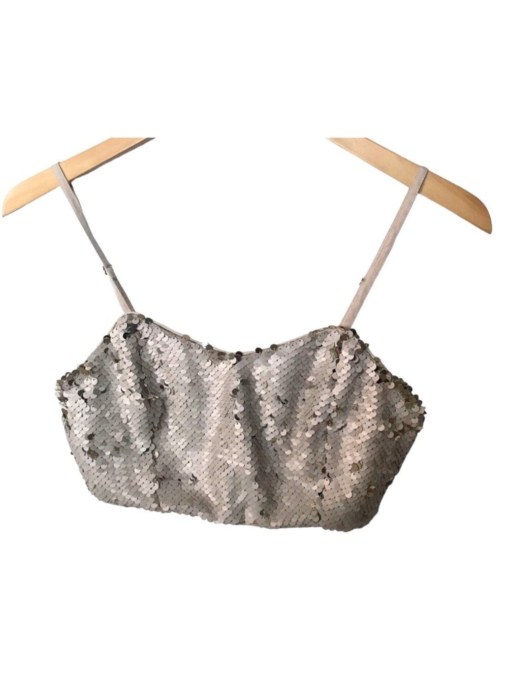 Y2K Late 2000s Sequins Cropped Top S Cami Bralette Neutral Beige Rave Festival